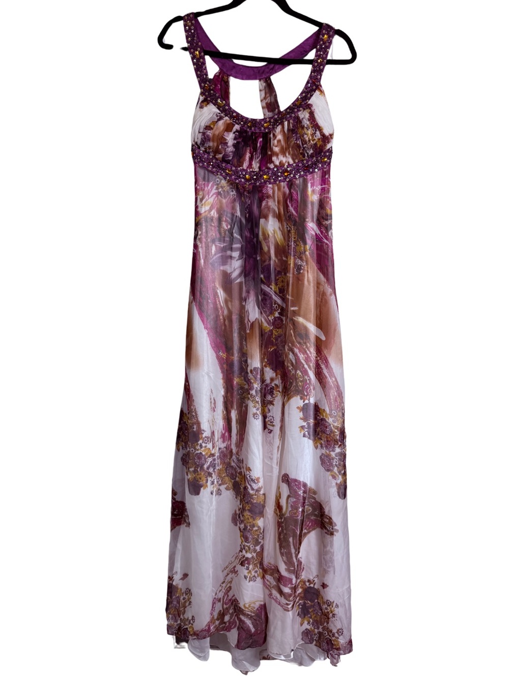 Vintage Purple Floral Maxi Dress with Beaded Bodice